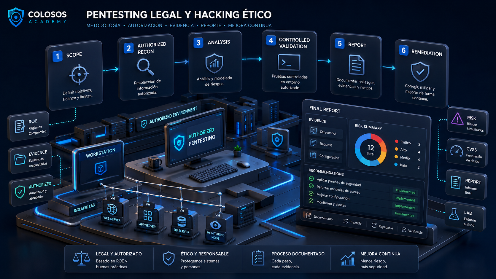 Imagen premium de pentesting legal y hacking ético en laboratorio autorizado para ColosOS Academy
