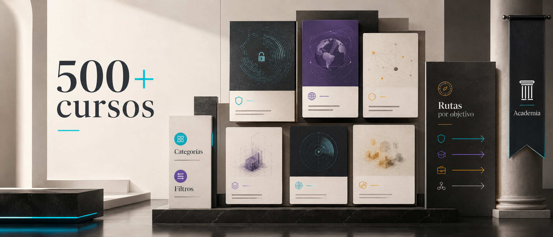 Biblioteca premium de cursos gratuitos de ciberseguridad organizada por rutas, filtros y categorías