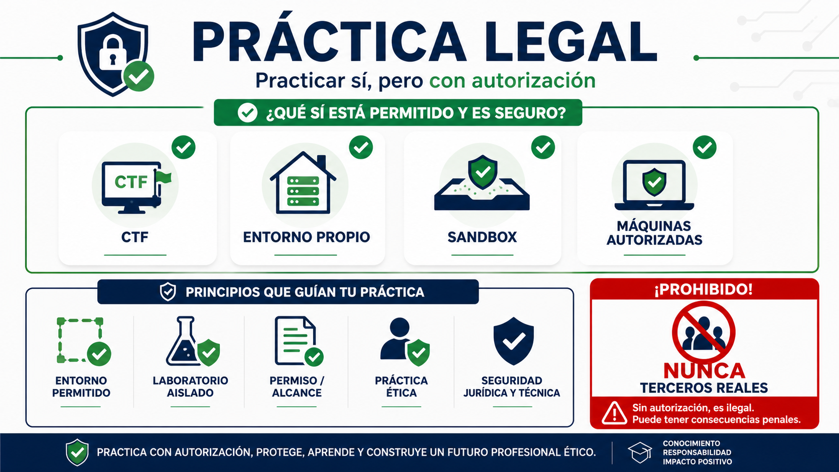 Infografía premium sobre práctica legal en laboratorios de ciberseguridad