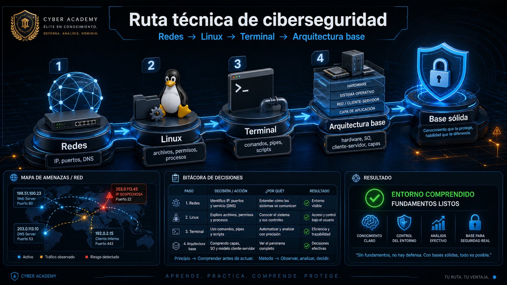 Imagen didáctica de fundamentos de ciberseguridad: redes, Linux, web y conceptos base.