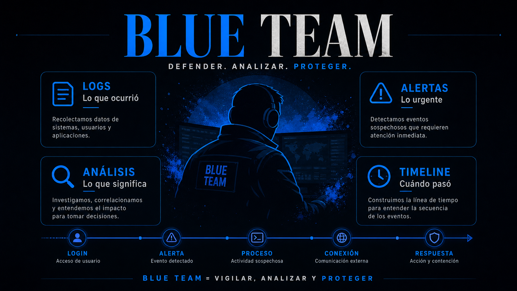 Entorno visual Blue Team con análisis de logs, alertas, monitorización y respuesta a incidentes.