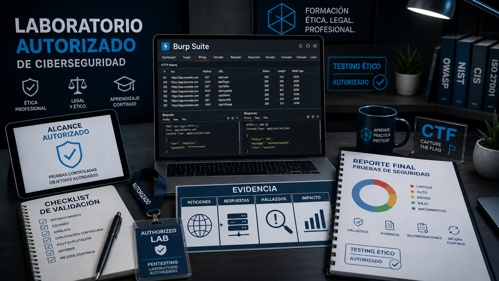 Mesa de estudio premium para certificaciones de ciberseguridad con checklist, planificación y simulacros.