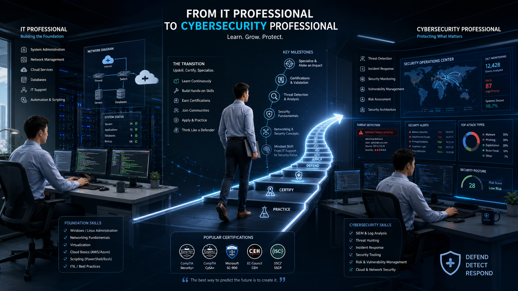 Transición profesional desde IT hacia ciberseguridad mediante rutas, evidencias y especialización.
