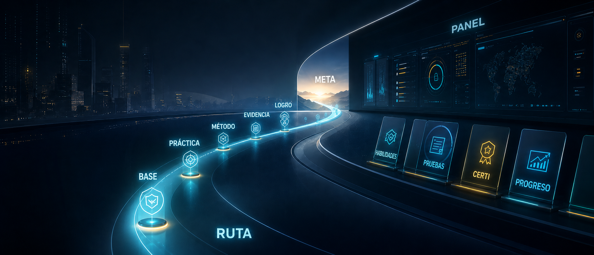 Imagen aspiracional de avance, progreso y cierre de ruta en un entorno de ciberseguridad.