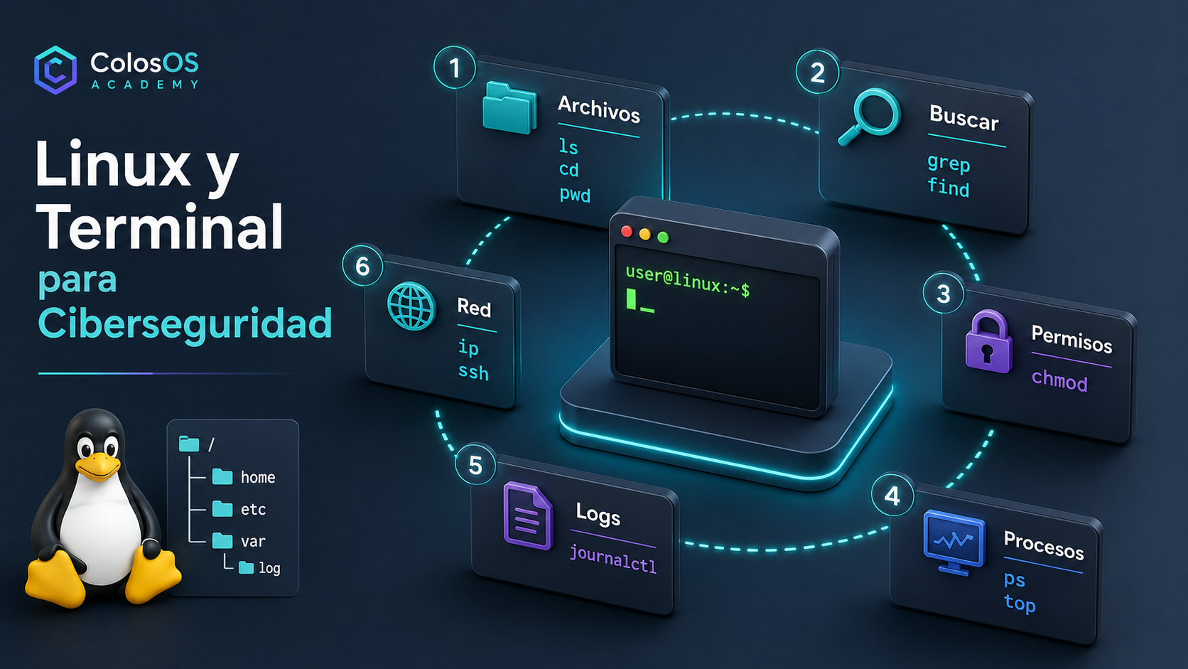 Panel premium de Linux, terminal y comandos de ciberseguridad