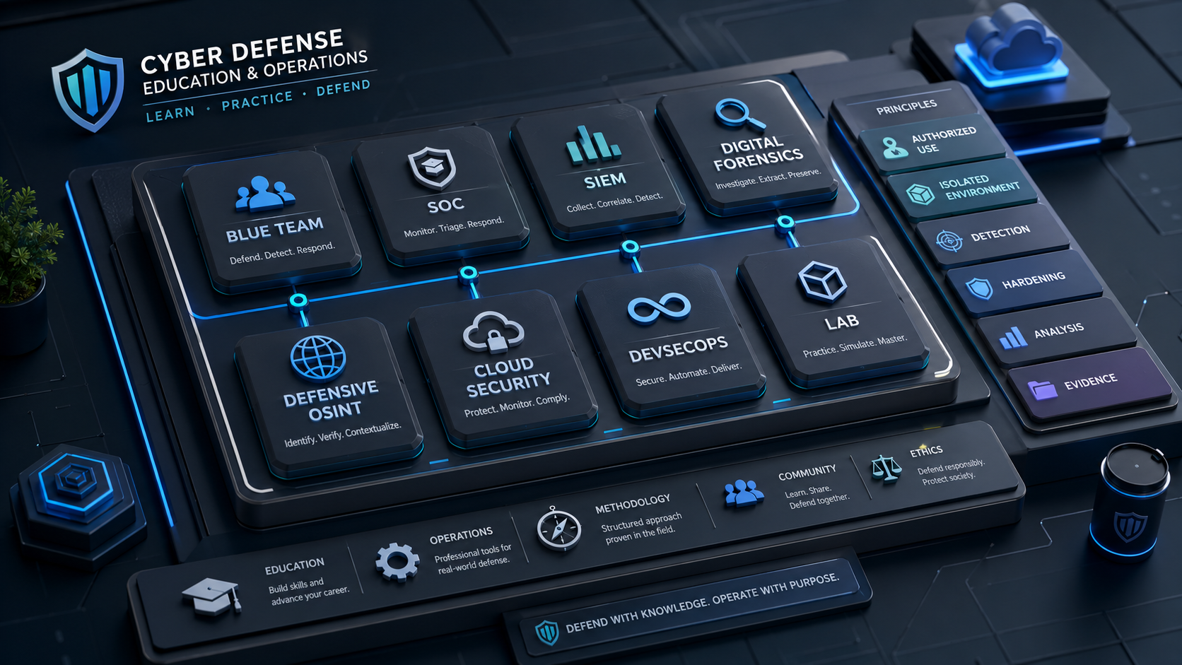 Panel premium de herramientas cyber legales y defensivas con dashboard y categorías técnicas