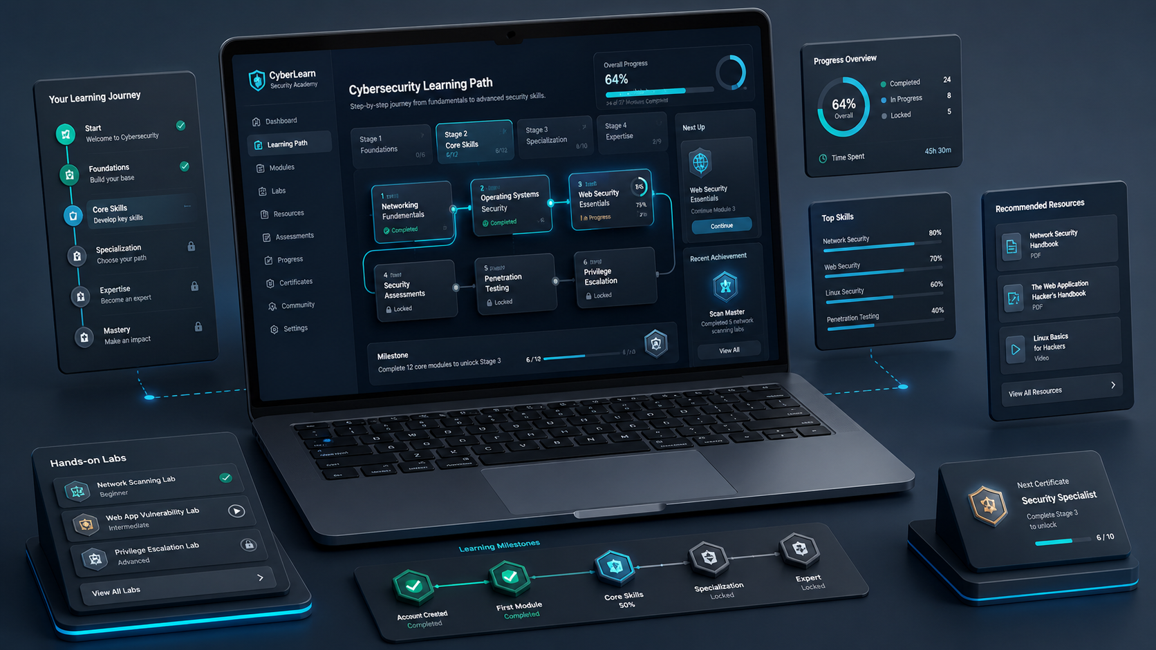 Interfaz visual con módulos y recursos de aprendizaje en ciberseguridad