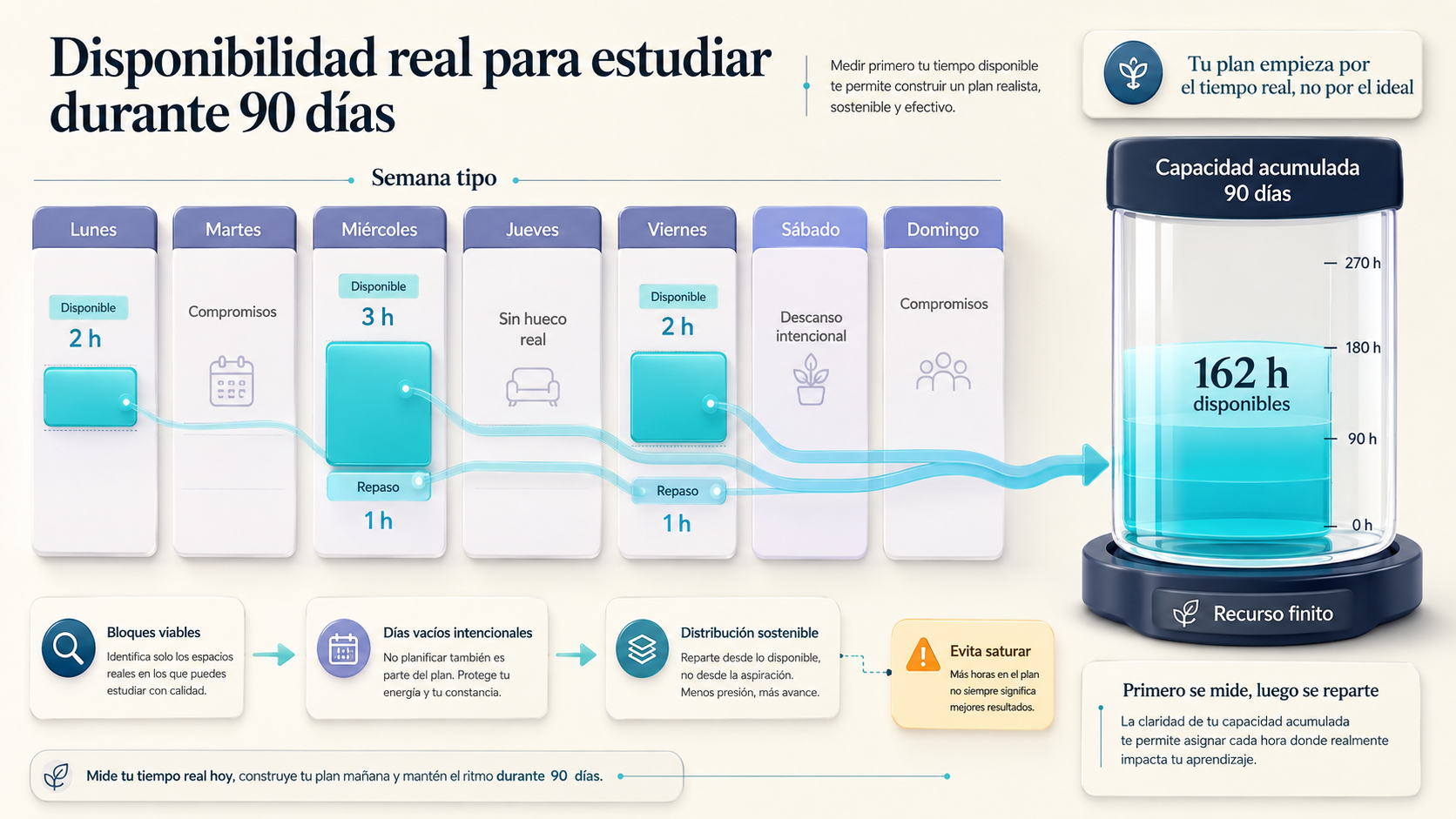 Semana con días disponibles y no disponibles que representa la capacidad real de estudio.