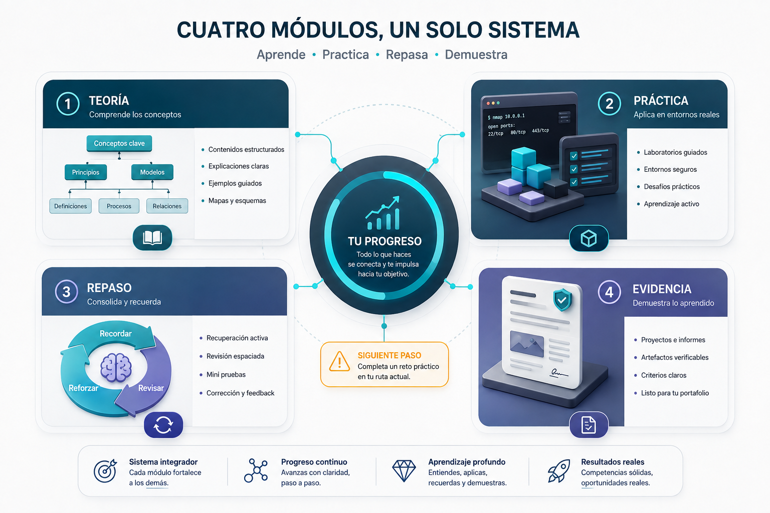 Cuatro componentes conectados de un plan de estudio: teoría, práctica, repaso y evidencia.