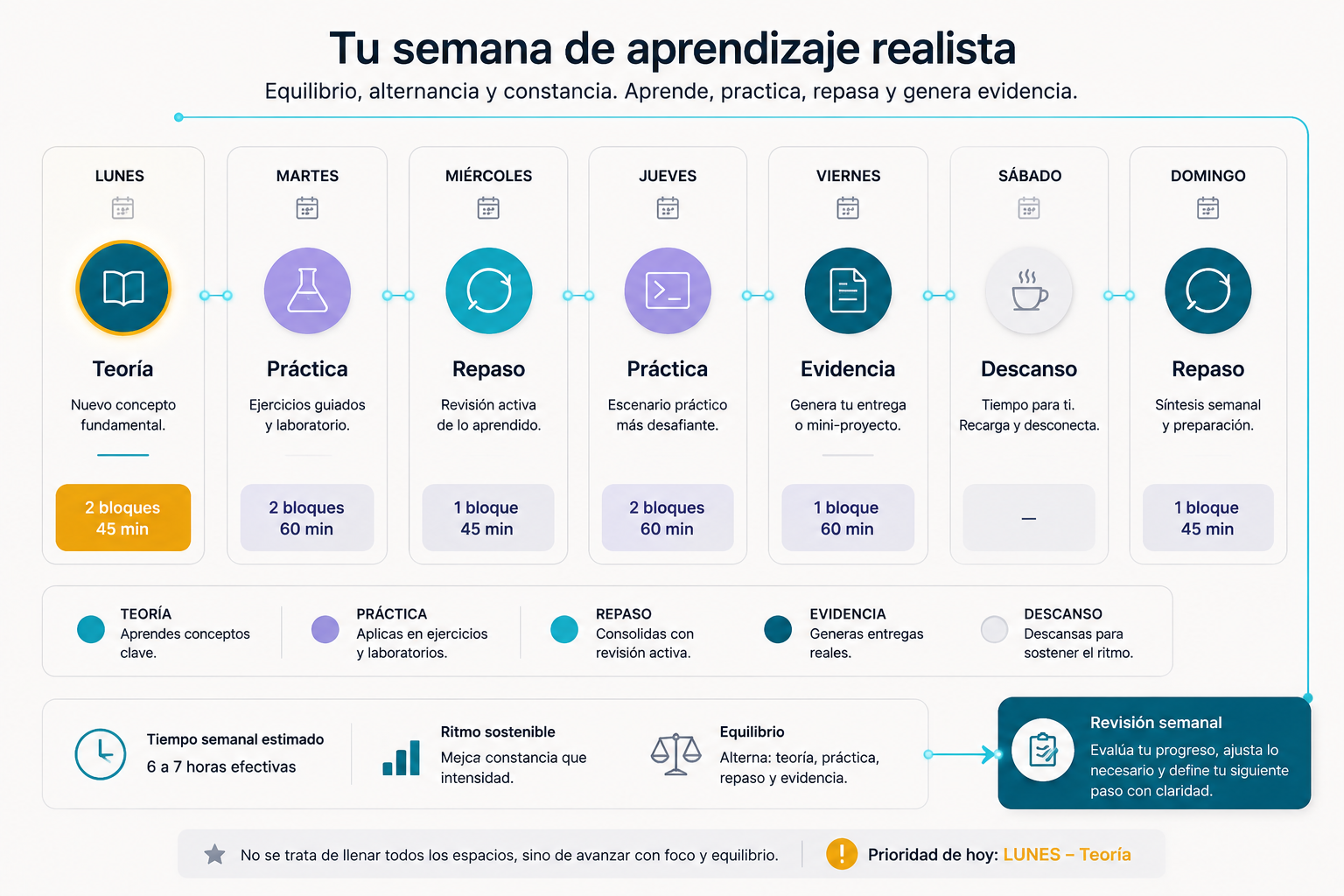 Semana tipo que alterna teoría, práctica, repaso, evidencia y descanso.