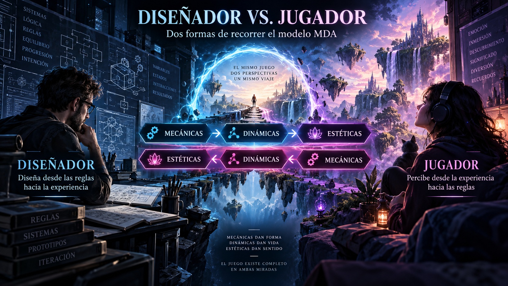 Diseñador y jugador recorren el modelo MDA en direcciones opuestas